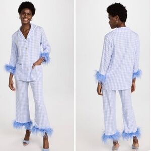 SLEEPER Party Gingham-Print Feather-Trim Pajama Set NWT Small